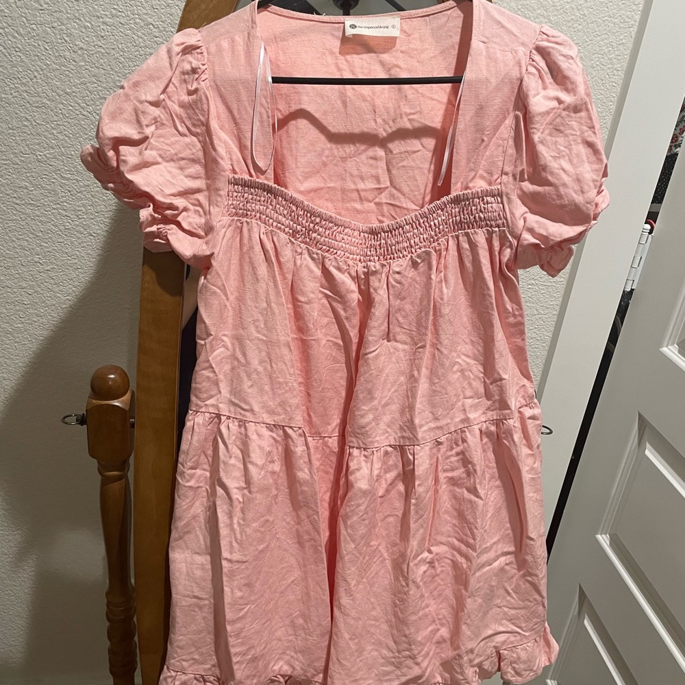 The Impeccable Pig Blush Pink Smocked Linen Blend Dress